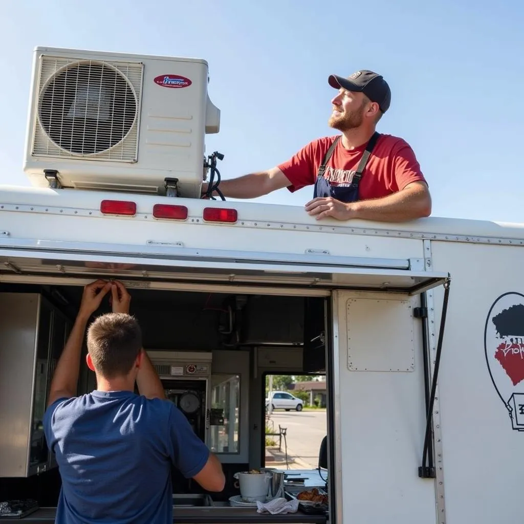 Food truck owner inspecting AC unit