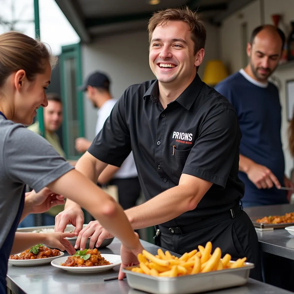 A food truck owner smiles warmly while preparing a dish, showcasing the passion and dedication behind Silver Spring's food truck culture.