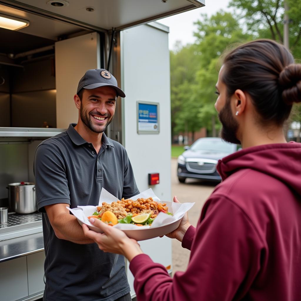 Food truck owner serving customers with a smile