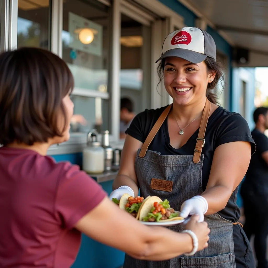 Happy Food Truck Owner Serving a Customer