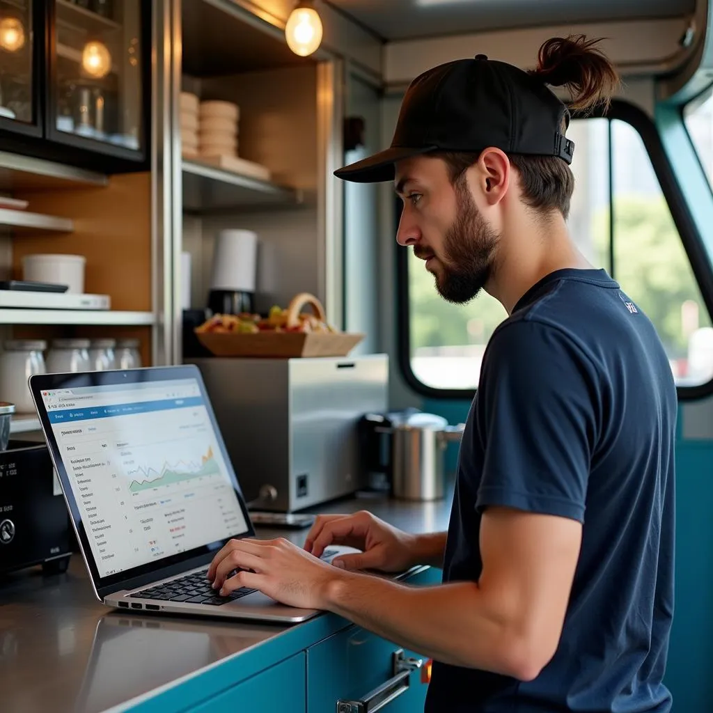 Food truck owner analyzing sales data