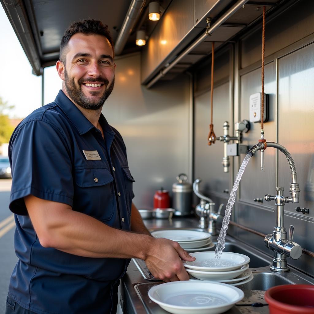 Food Truck Owner Washing Dishes With Hot Water From a Tankless Heater