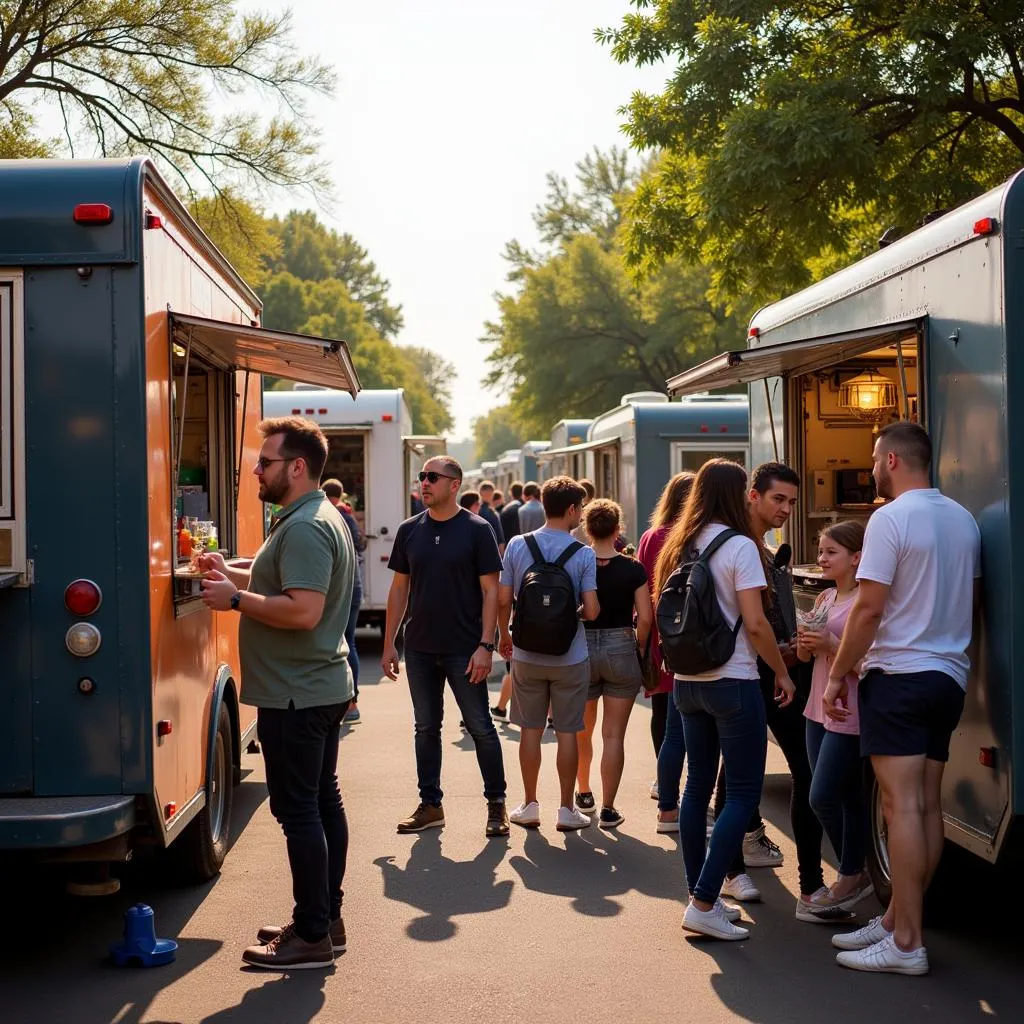  Lively food truck park with people enjoying meals.