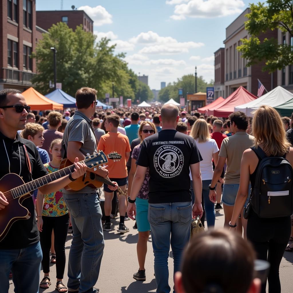 A local band performs upbeat music on a stage at the food truck rally, creating a lively and festive ambiance.