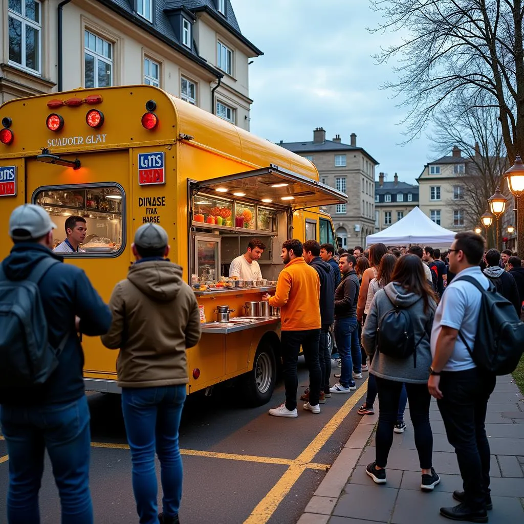 Busy Food Truck Serving a Long Line of Customers