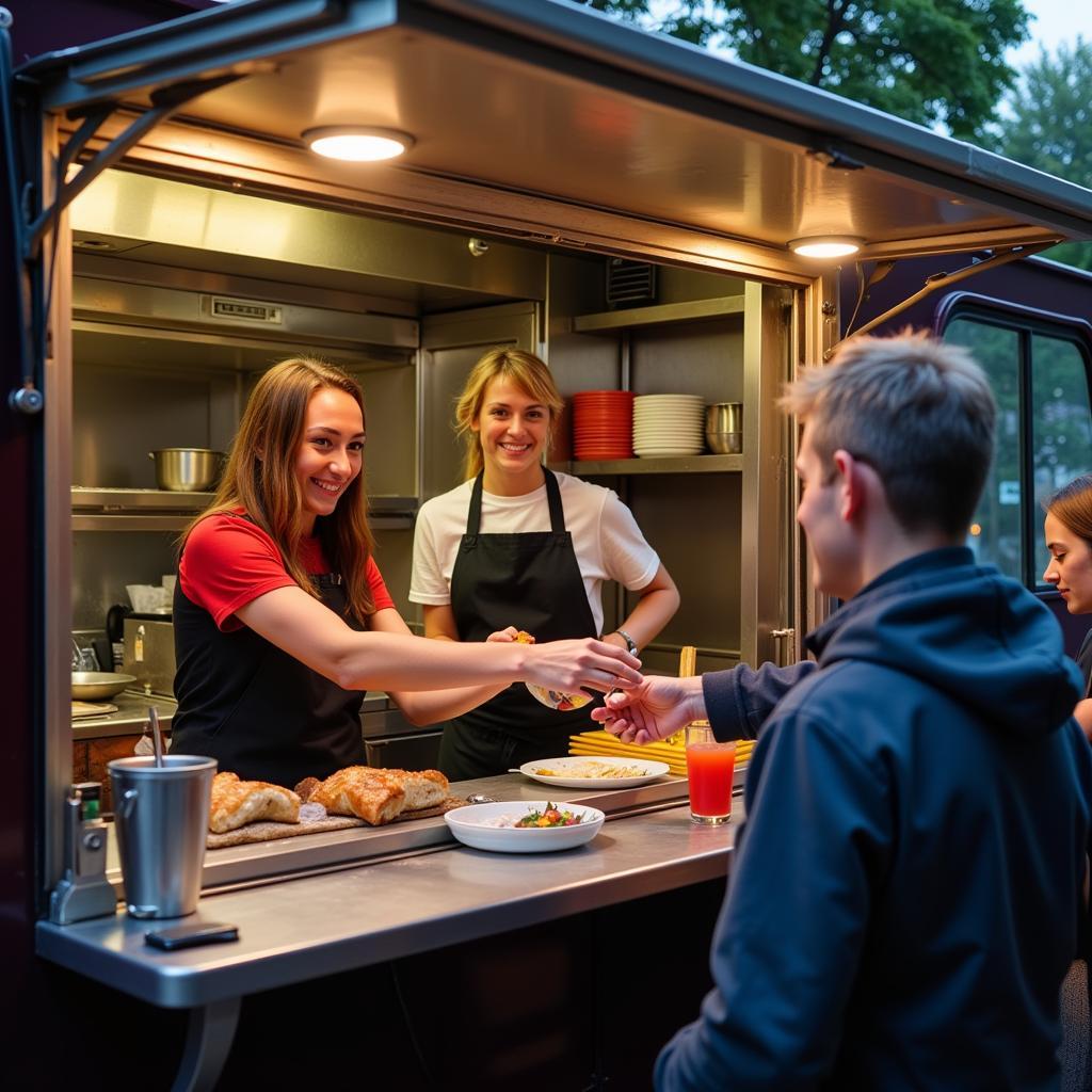 Food truck staff serving a queue of guests