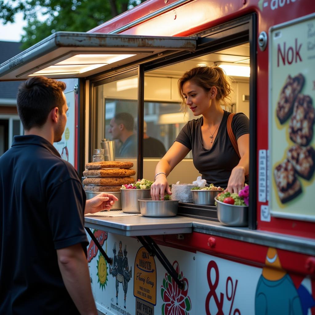 A food truck serving window with a customer