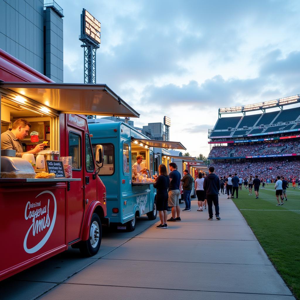 Food trucks lined up outside a stadium on game day.