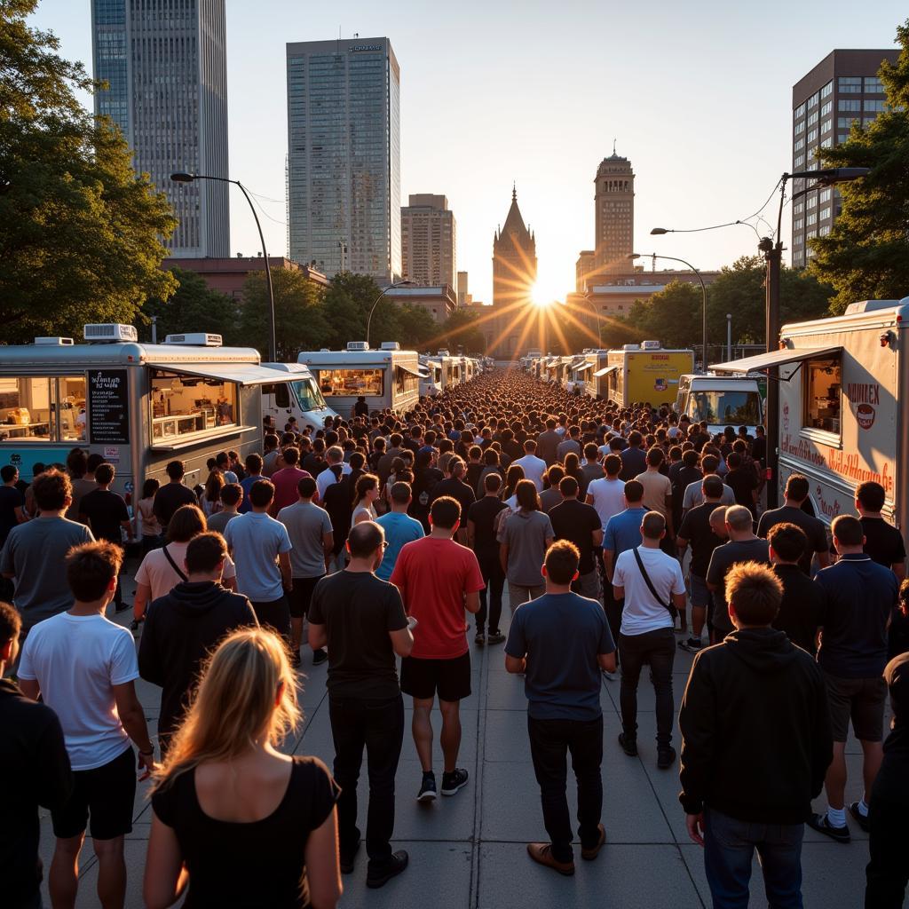 Food trucks lined up at Court Square on a busy Thursday afternoon.