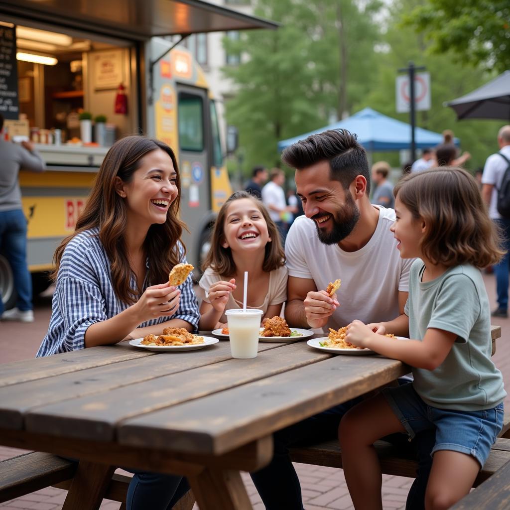 A family enjoying their meal from a food truck at Court Square. 