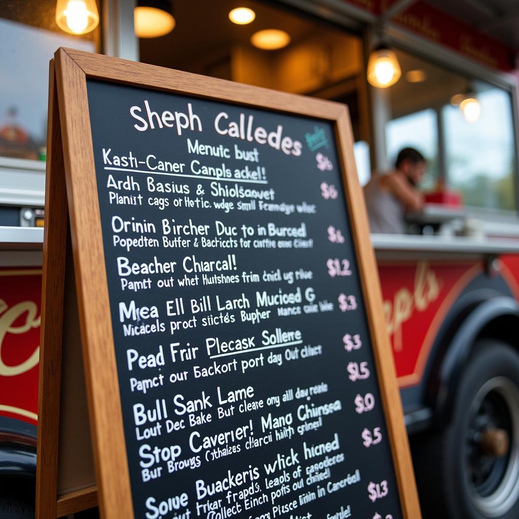 A colorful menu board outside a food truck at Court Square.