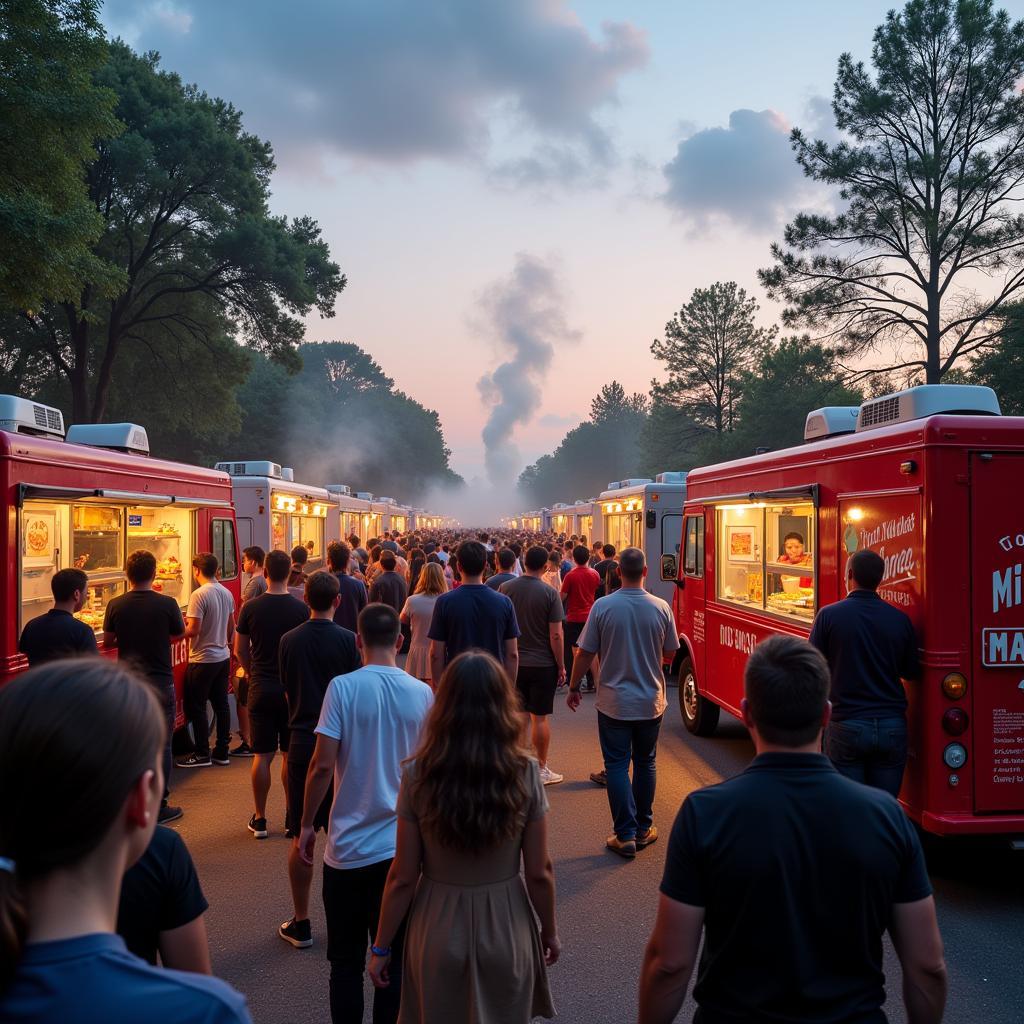 A colorful array of food trucks lined up at a bustling city park, serving a diverse crowd of eager customers