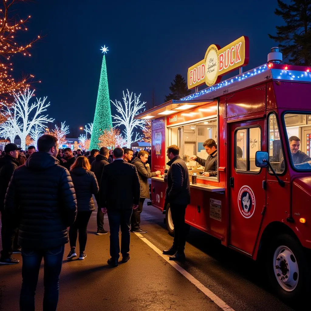 Food truck serving customers at a winter festival