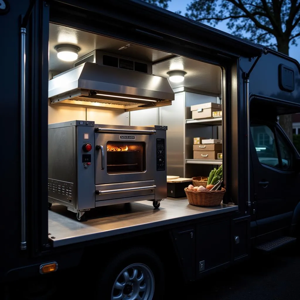 Interior view of a food truck with an oven and LED lights