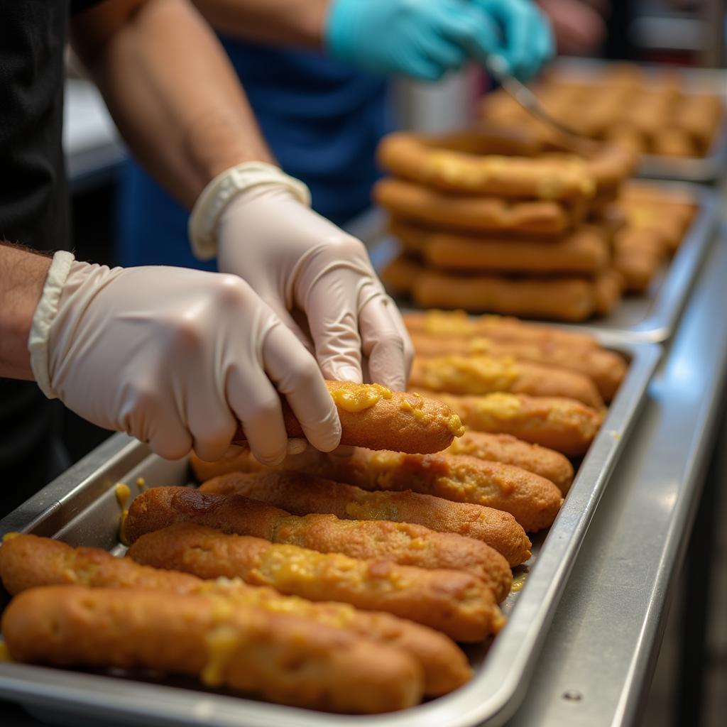  A food truck worker diligently preparing a batch of fresh brown mustard on sticks.