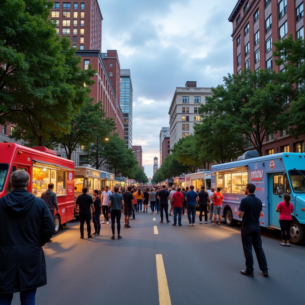 Food trucks lining a street in Birmingham, Alabama