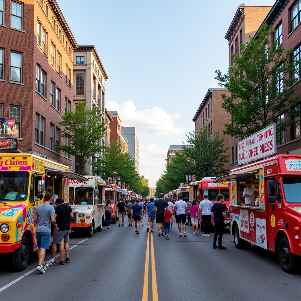 Food Trucks Lined Up in Downtown Durham, NC