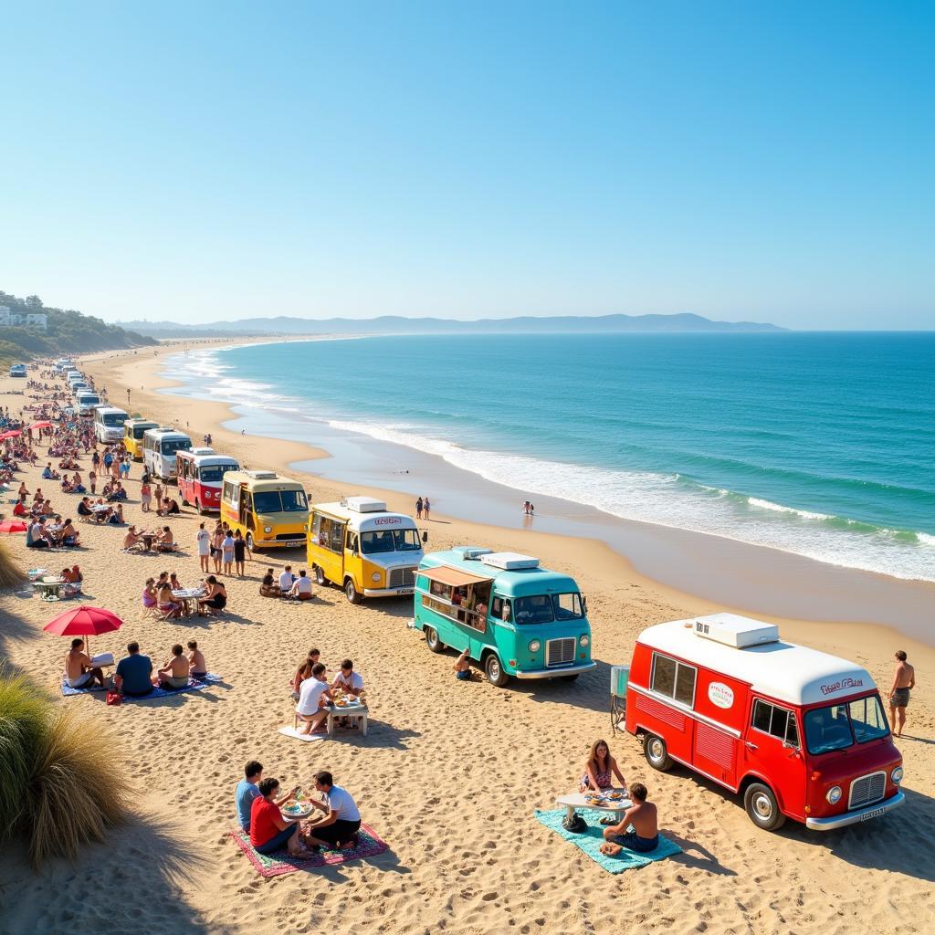 Food trucks lined up on the beachfront, offering a variety of cuisines