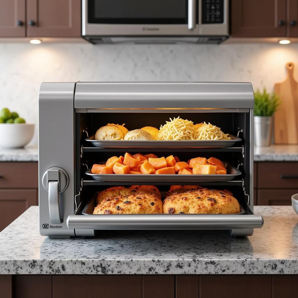 Modern food warming shelf on a kitchen countertop