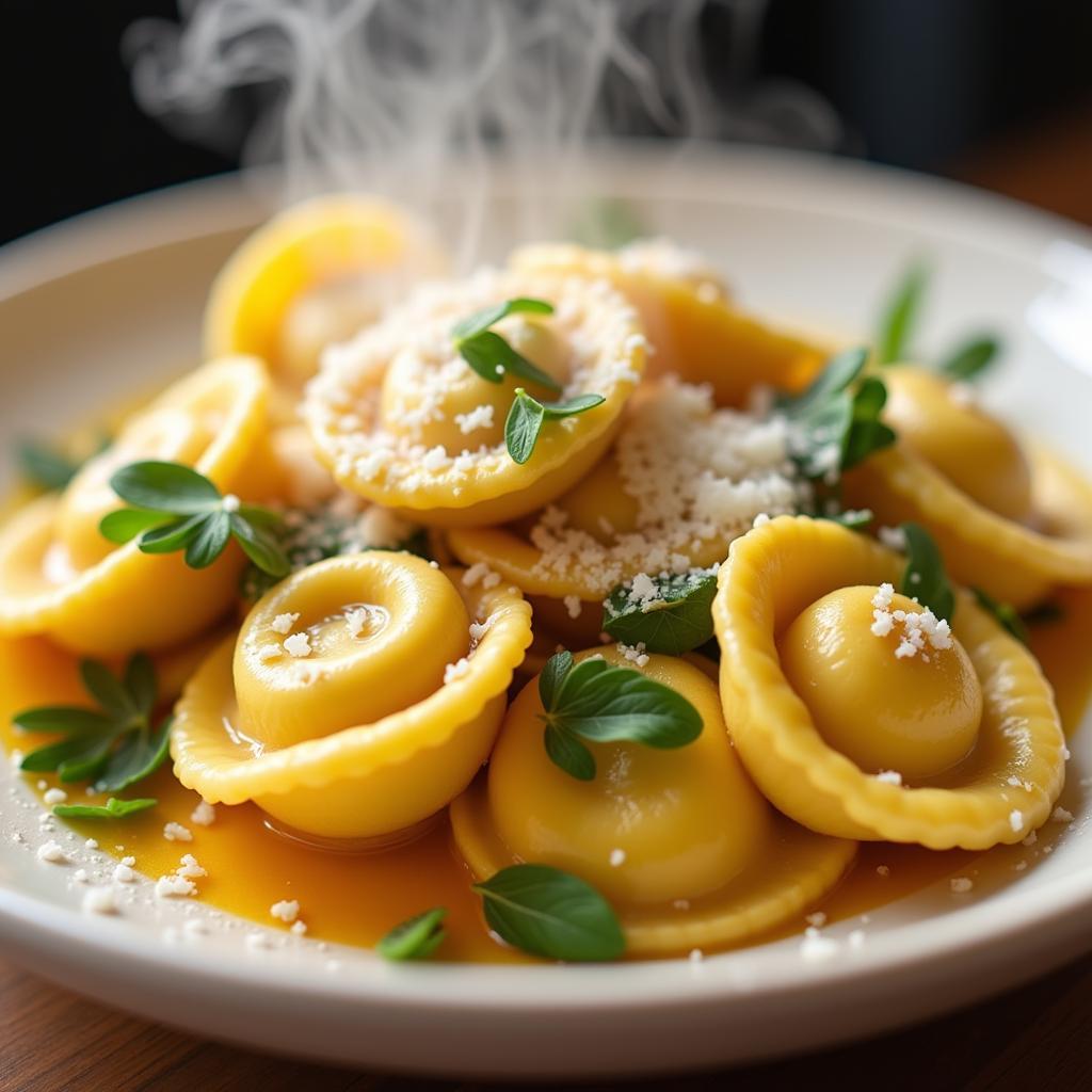 A plate of food with purpose tortellini