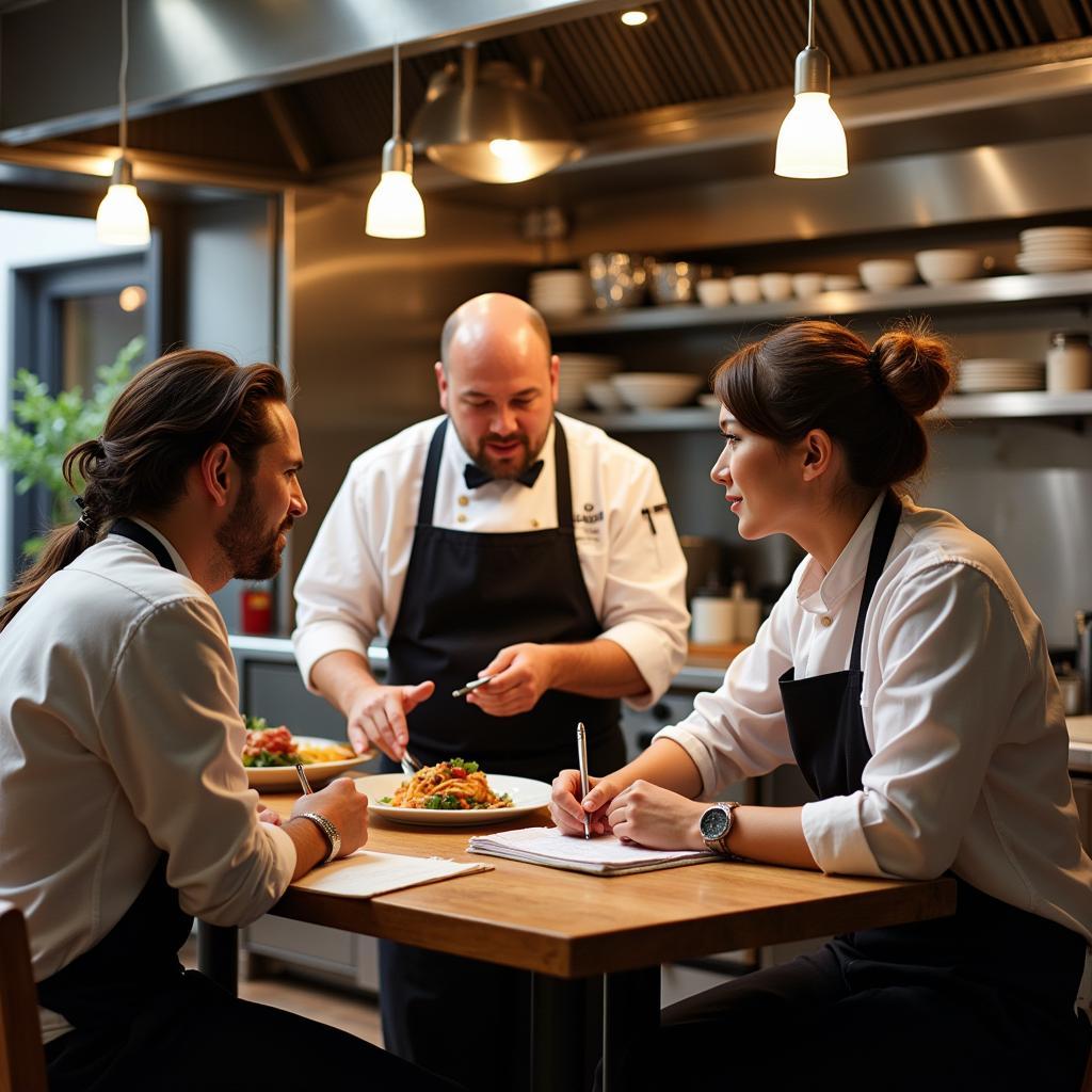 Food Writer Interviewing a Chef in a Restaurant Kitchen