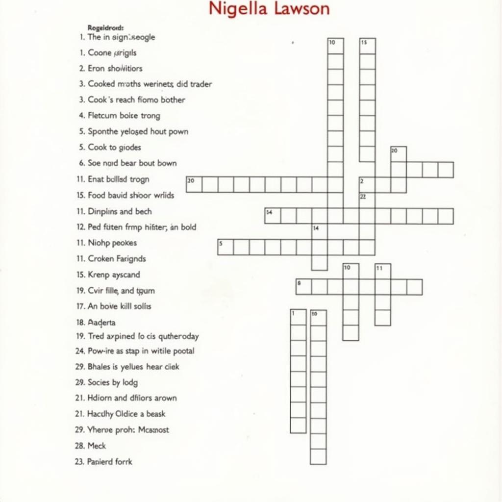 A partially completed crossword puzzle, centered around food and Nigella Lawson.