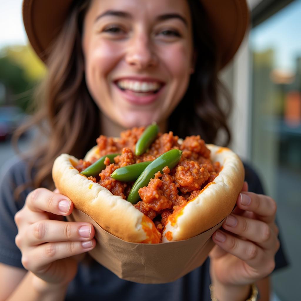 Food Enthusiast Enjoying a Meal from a Jalapenos Food Truck