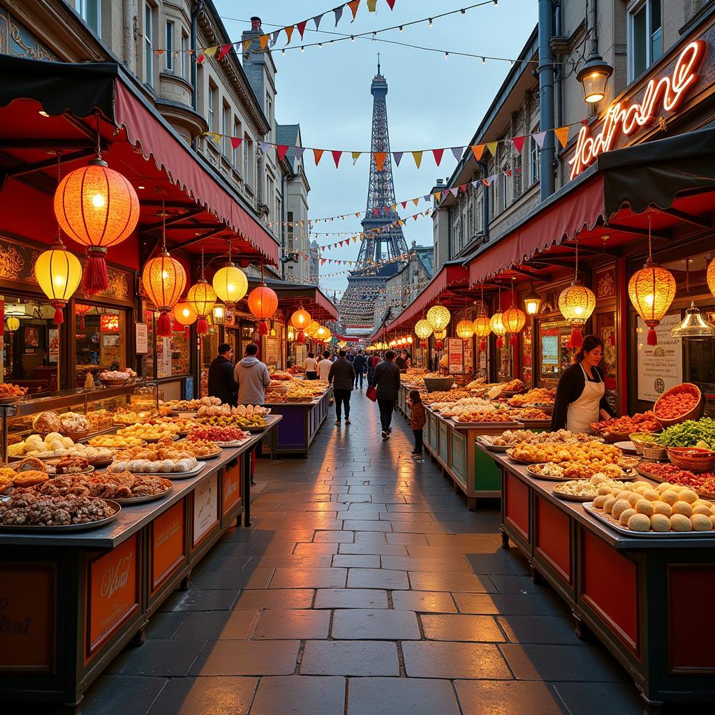 A colorful array of food stalls offering diverse cuisines.