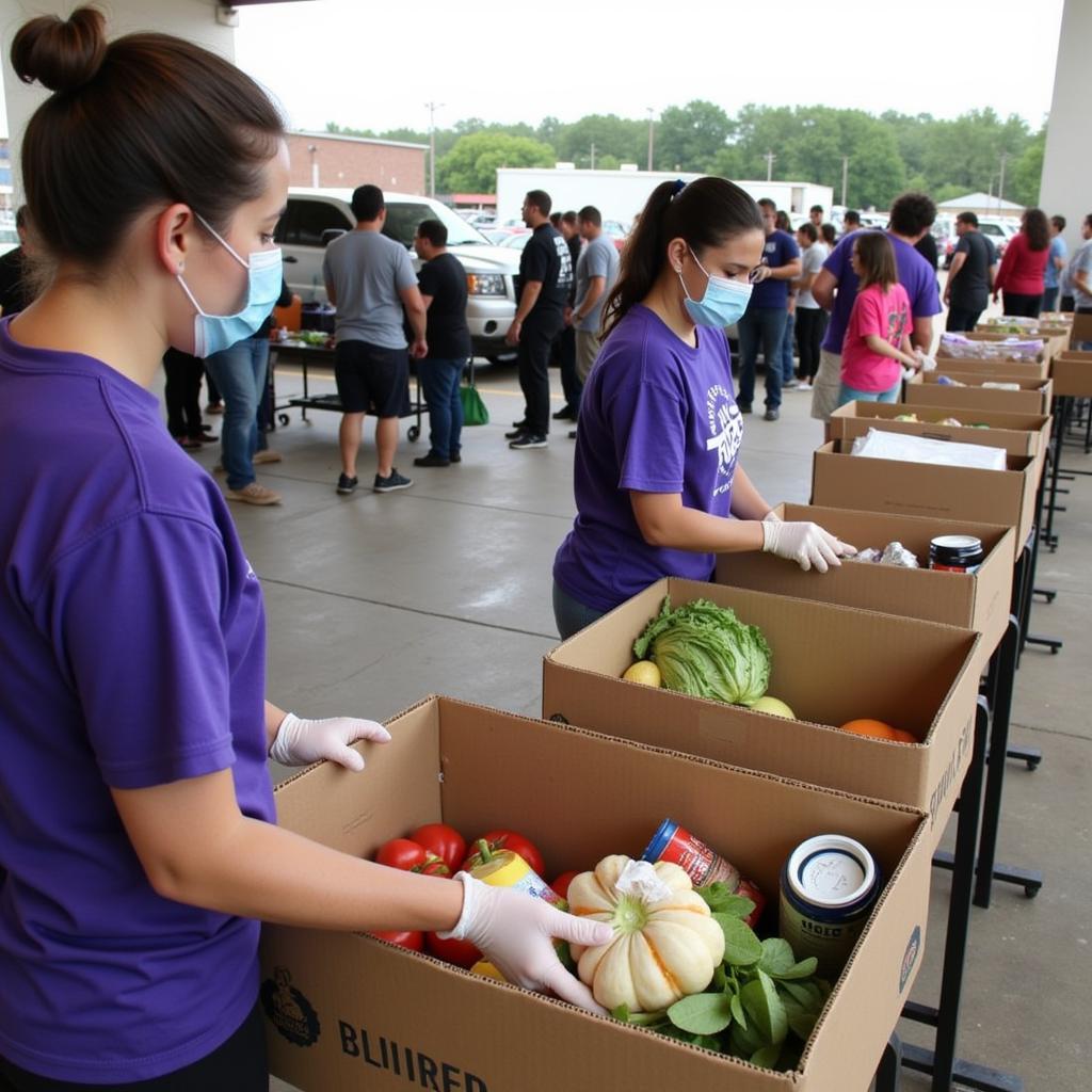 Volunteers packing boxes at a Fort Bend food distribution event