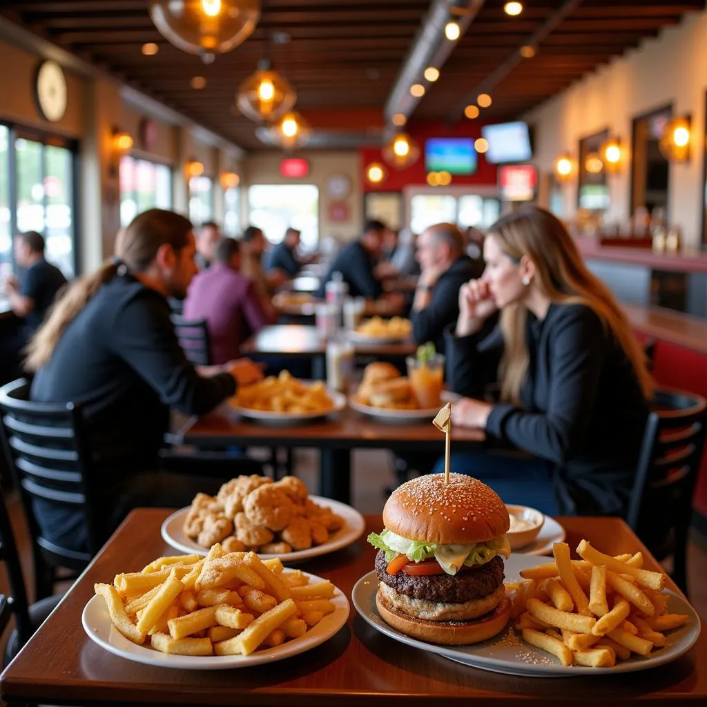 A bustling restaurant interior with diners enjoying classic American dishes