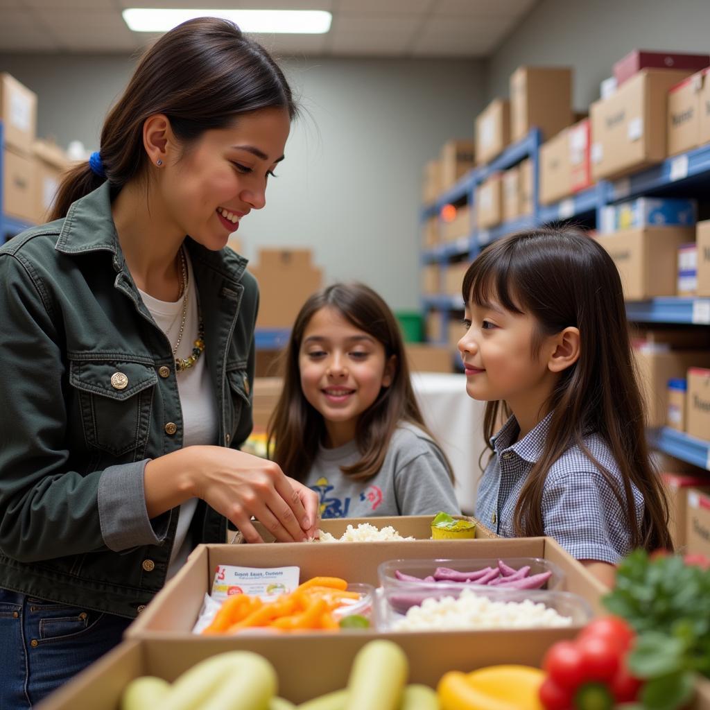 A volunteer at a Fort Dodge food pantry assists a family in selecting food items.