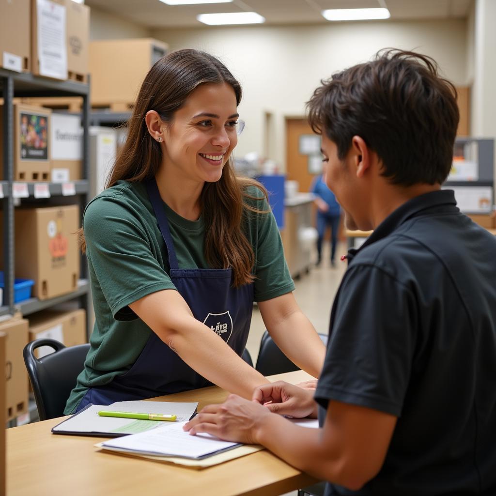 A friendly volunteer assists a community member with the registration process at the Fox Lake Food Pantry