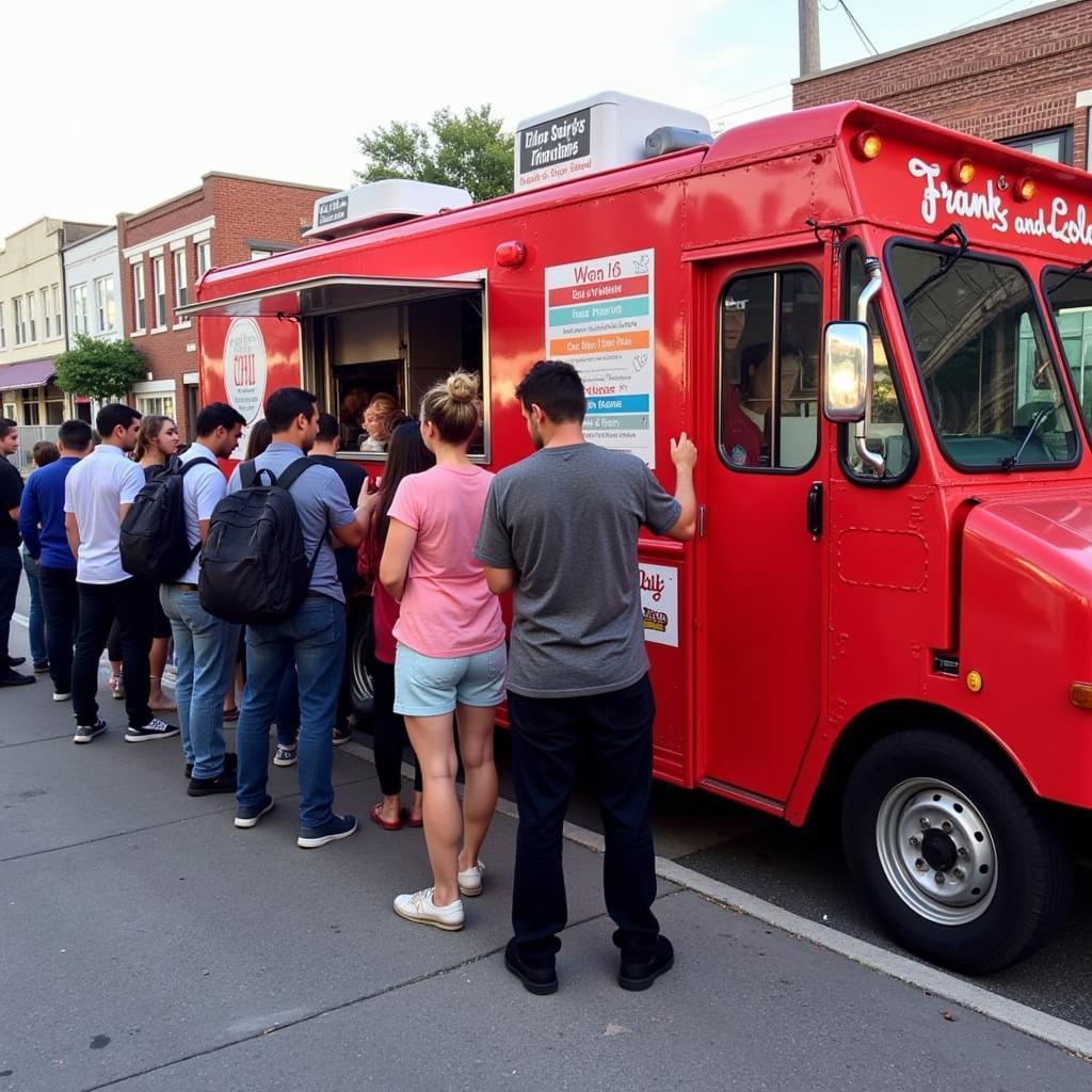 Frank and Lola's food truck parked on a busy city street, serving customers