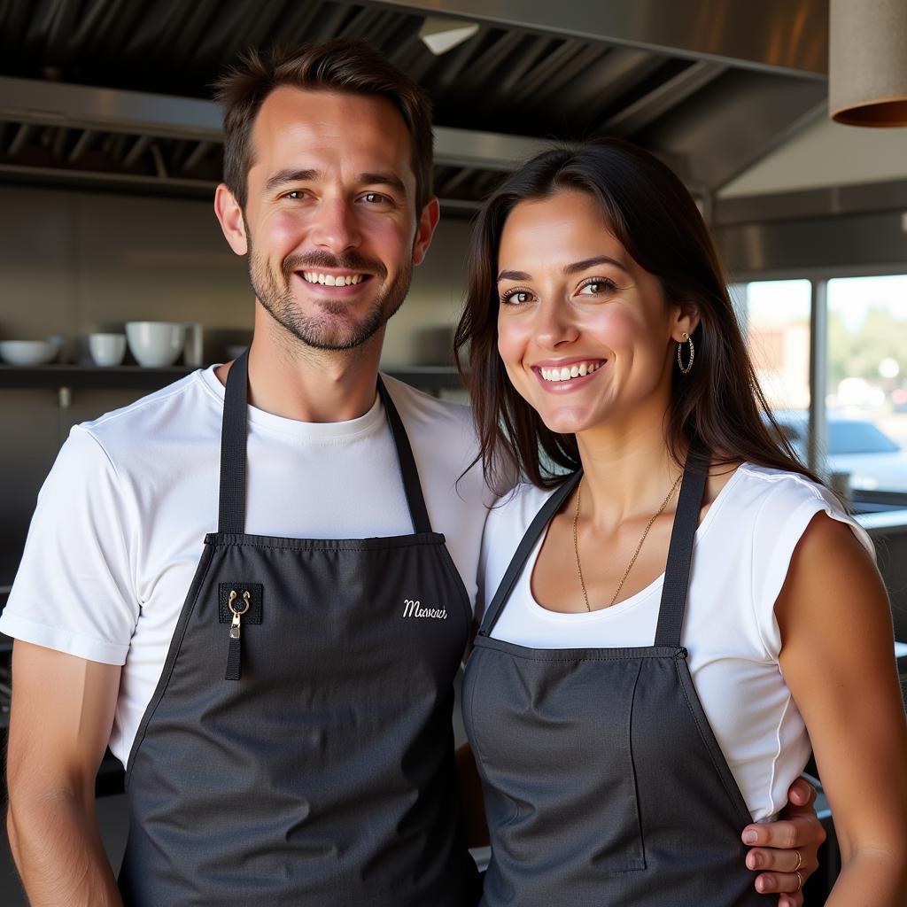 Frank and Lola standing proudly in front of their food truck, smiling at the camera