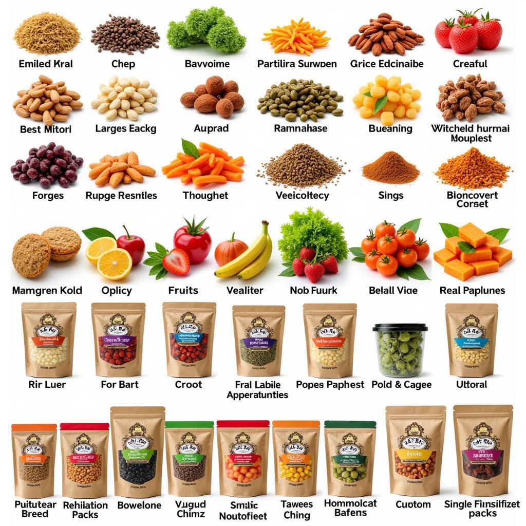 A variety of freeze dried food in bags and pouches.