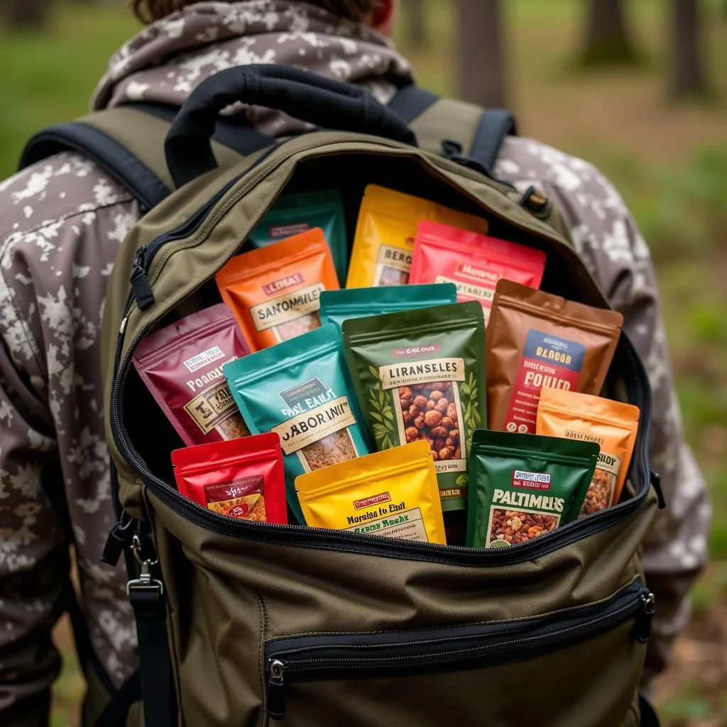 Hunter with backpack full of freeze-dried meals