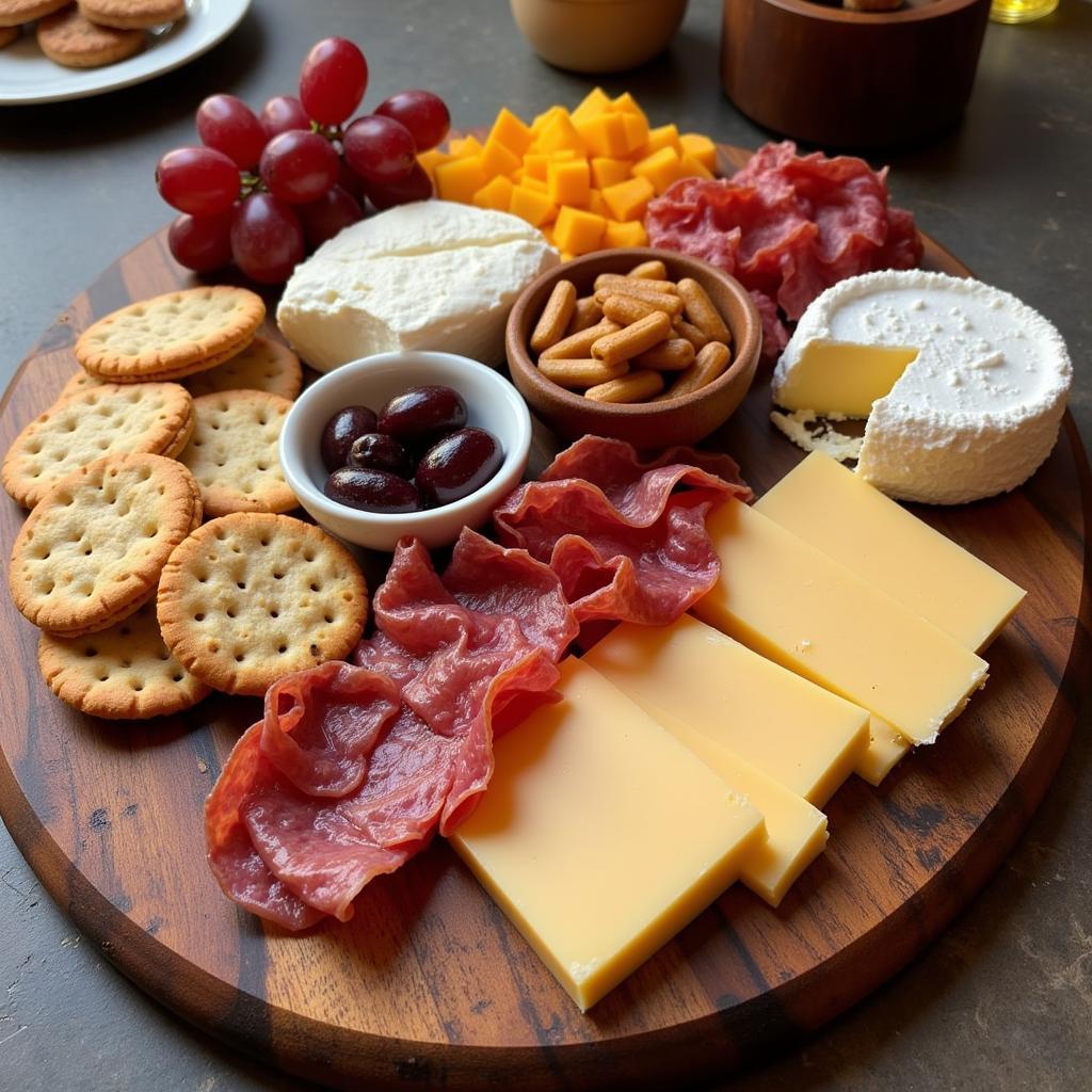 A charcuterie board filled with a variety of cheeses, meats, and fruits.