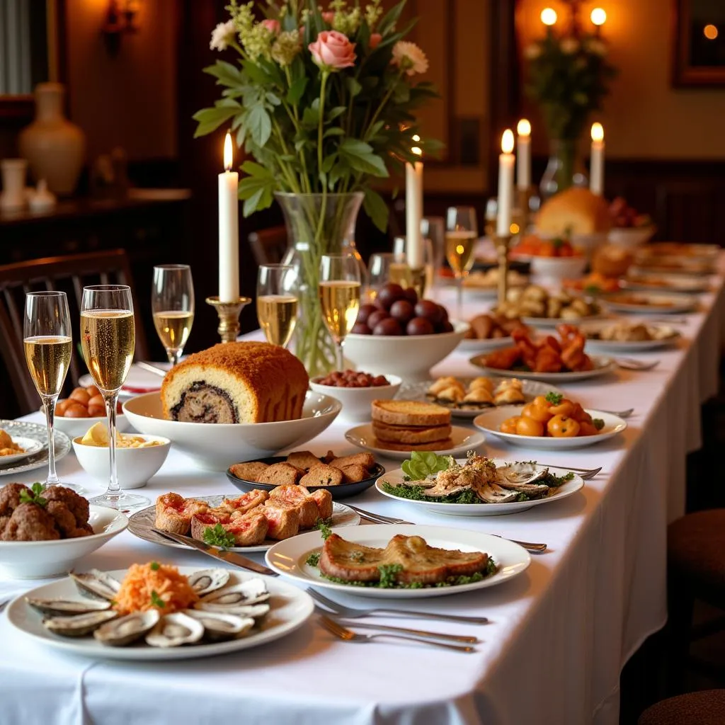 A beautifully set table laden with traditional French New Year's Eve dishes