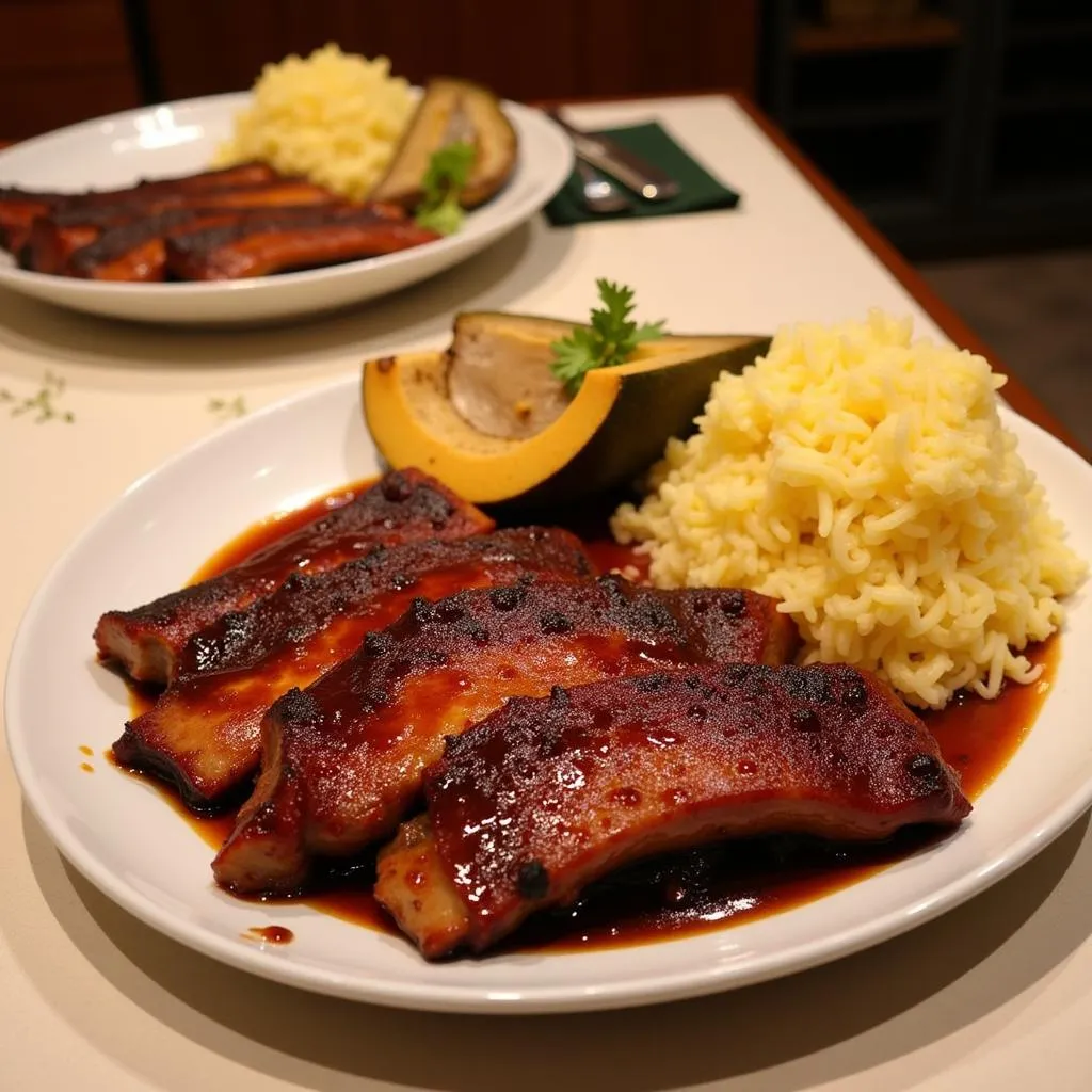 Roasted pork belly in French Polynesian style with taro and breadfruit