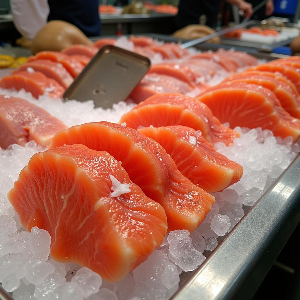 Fresh cazón fillets on display at a local fish market.