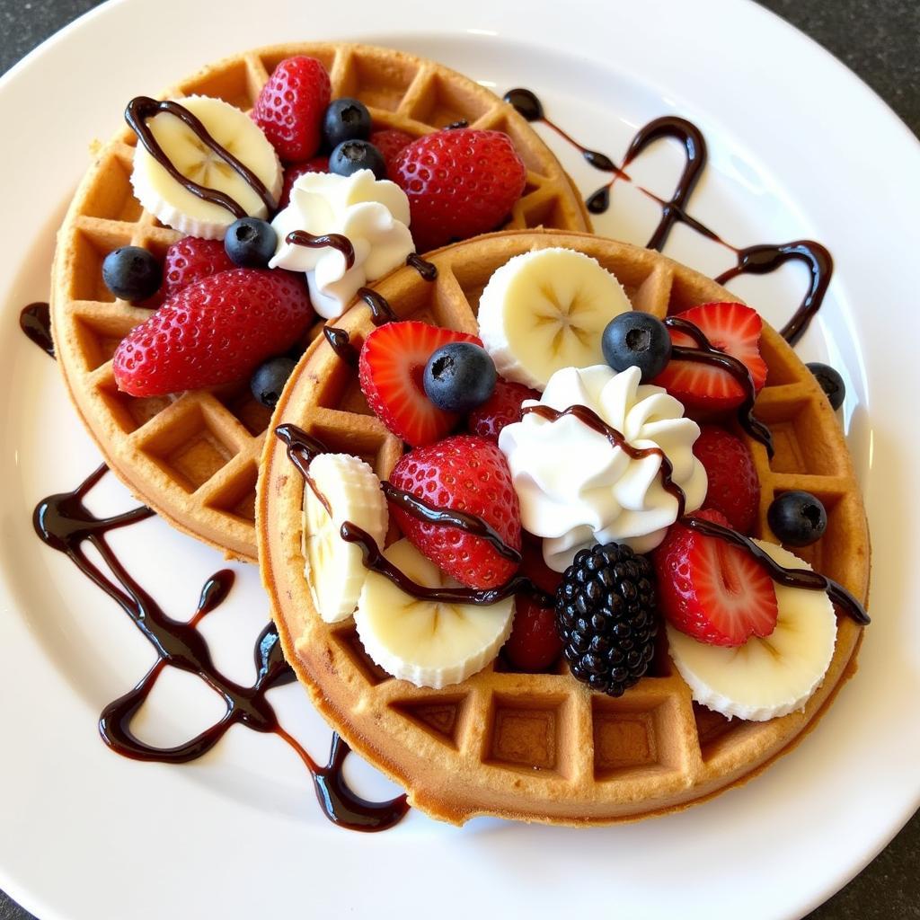 Fresh Fruit and Chocolate Sauce on French Waffles