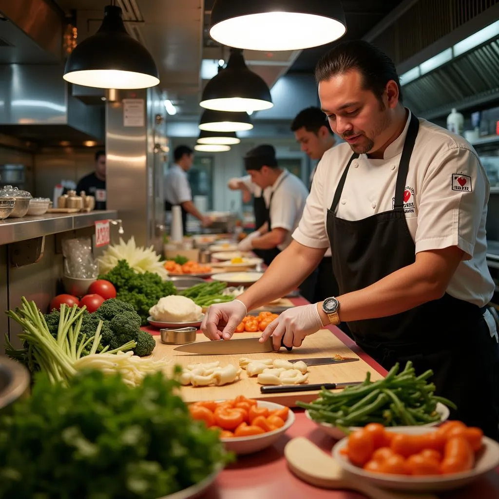  Chefs Preparing Fresh Ingredients in a Chinese Restaurant Kitchen