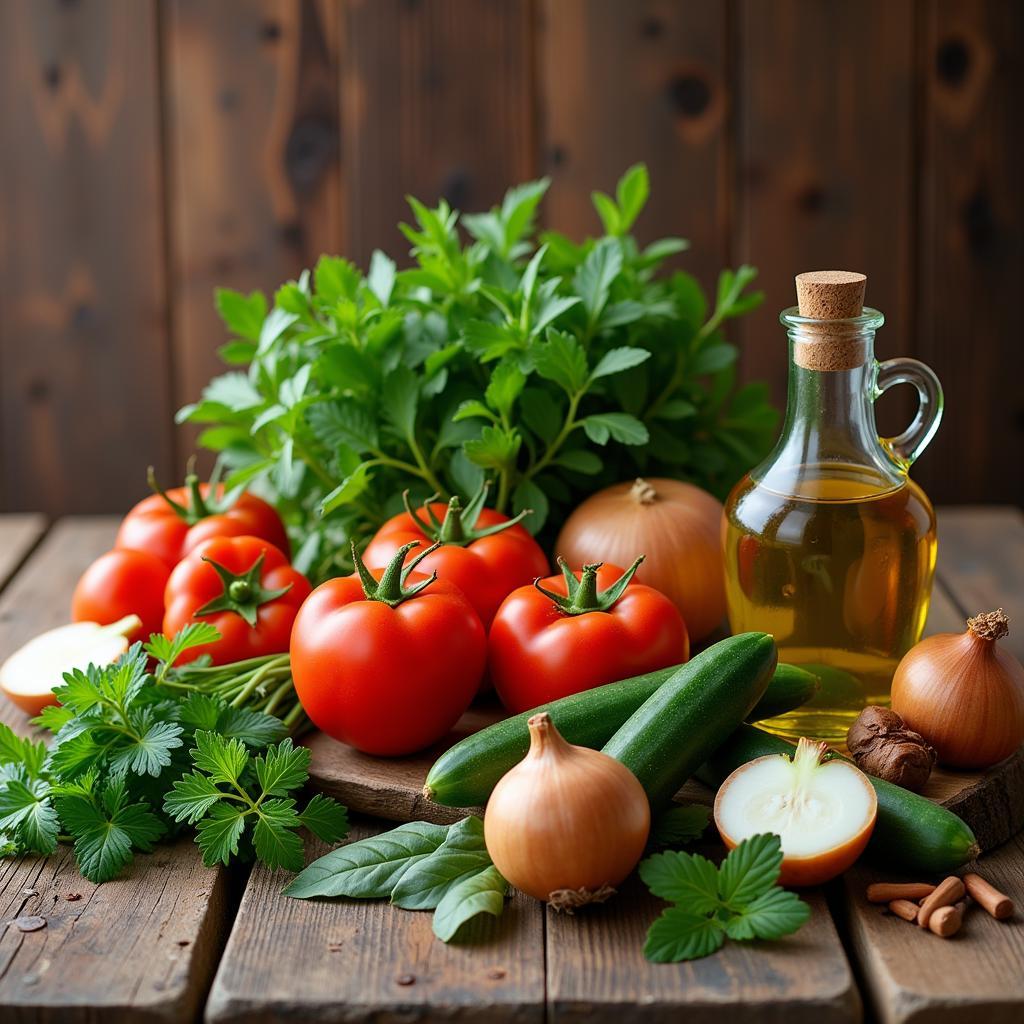 Fresh vegetables, herbs, and olive oil, staples of Mediterranean cuisine.