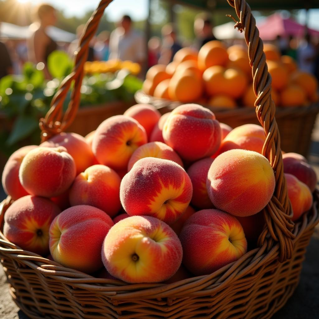 Basket of Fresh Peaches at a Farmers Market