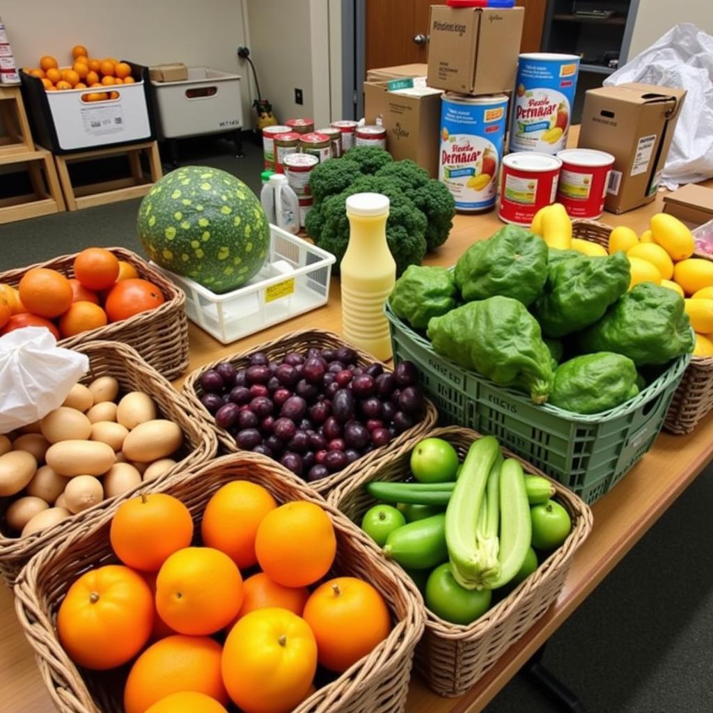 Variety of fresh fruits and vegetables displayed at a food pantry in Virginia, MN