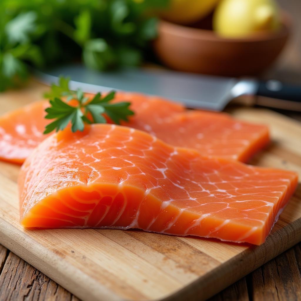 A Close-up of Fresh Salmon on a Cutting Board