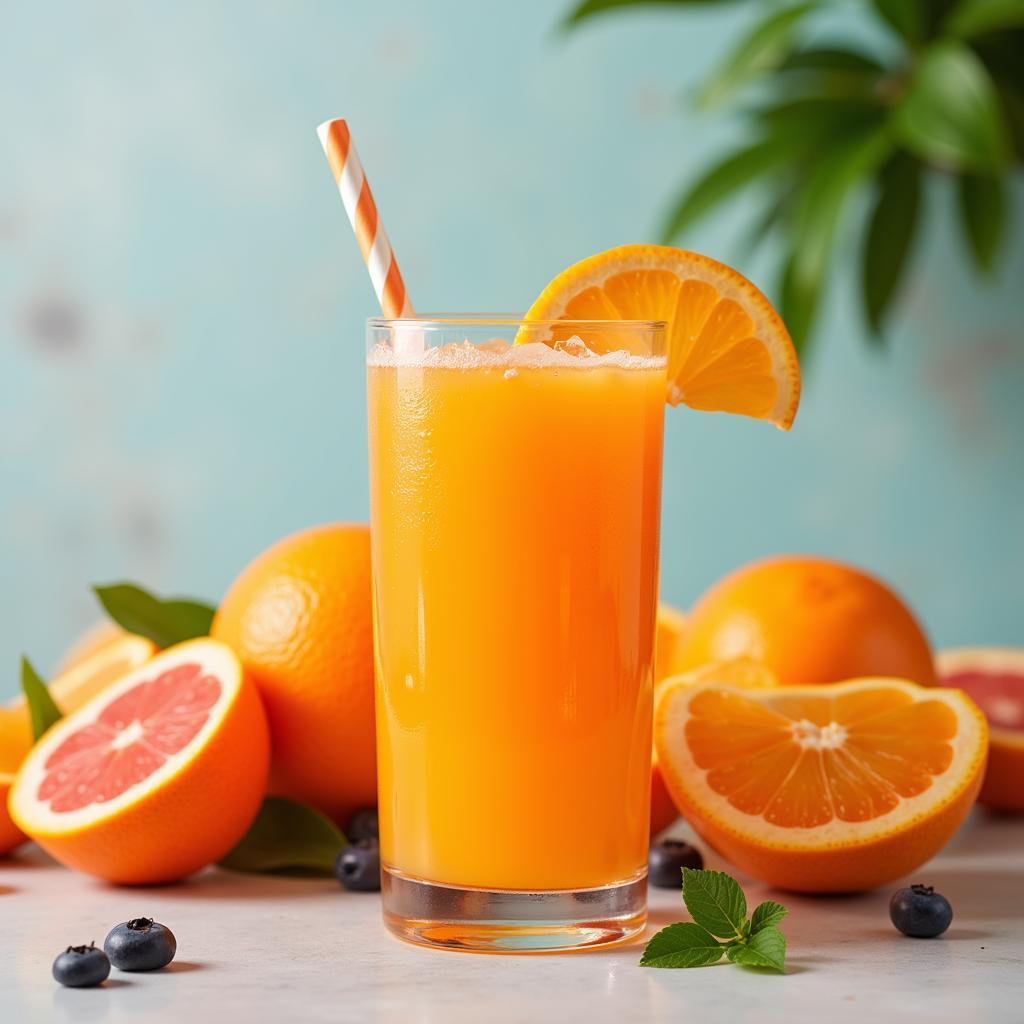 Glass of freshly squeezed fruit juice with fruit in the background.