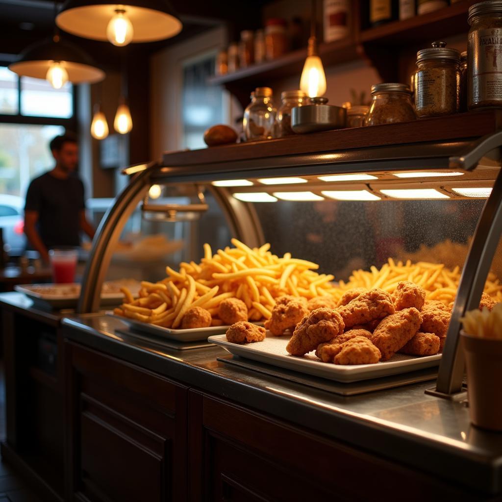 A Busy Cafe Using a Fried Food Warmer Display Case