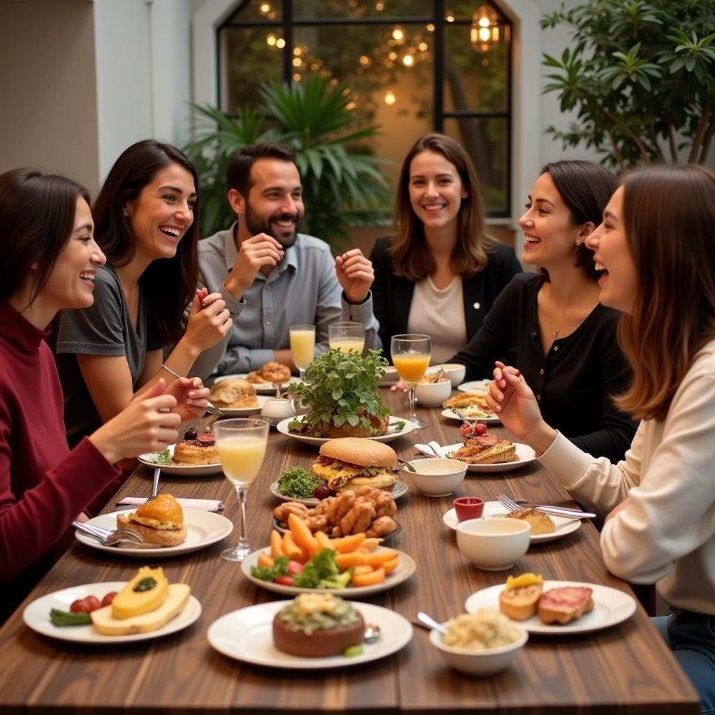 Friends Enjoying a Delicious Almuerzo Spread