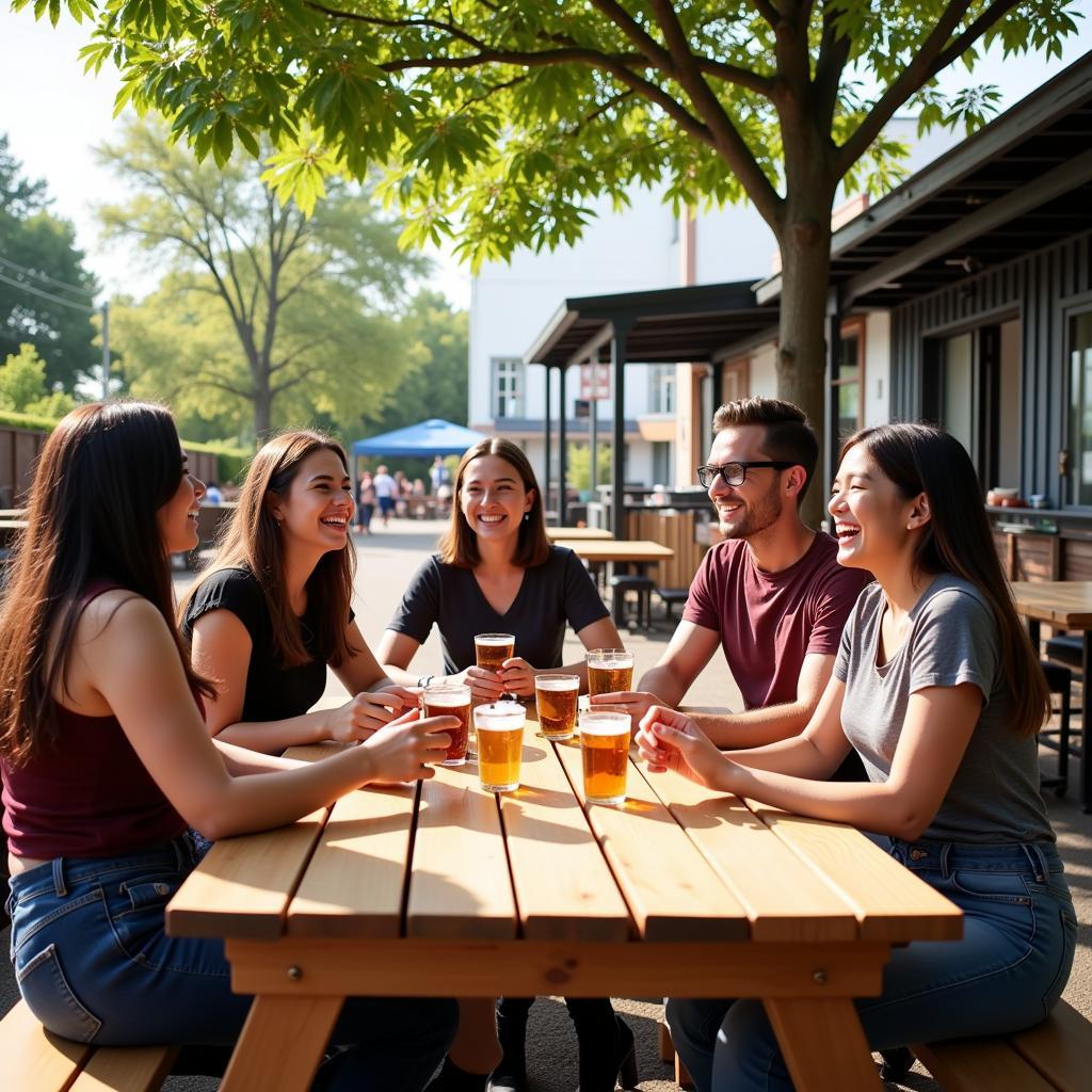 Friends laughing and enjoying drinks at a brewery patio table.